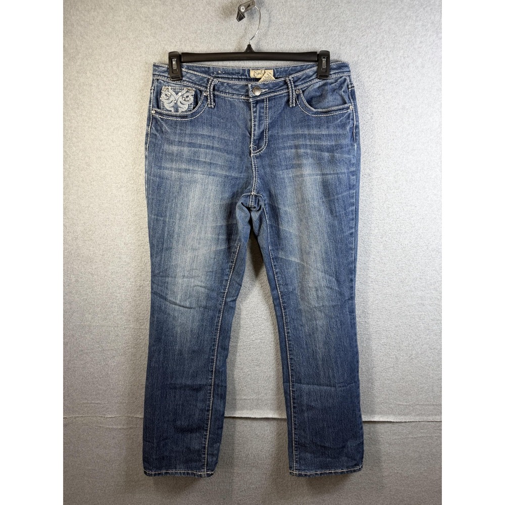 Earl Jean Jeans Womens 12 Blue Mid Rise Straight Rhinestone Embroidered Stretch